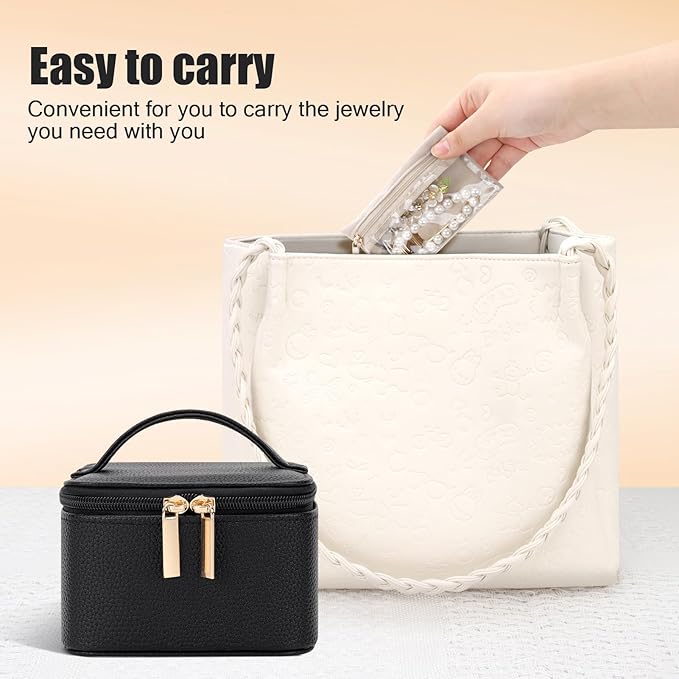 DesignSter Small Jewelry Box, Travel Small Jewelry Organizer with Earring Tray and Ring Holder, Square Travel Jewelry Storage Case with 6 Velvet Jewelry Pouches, Black