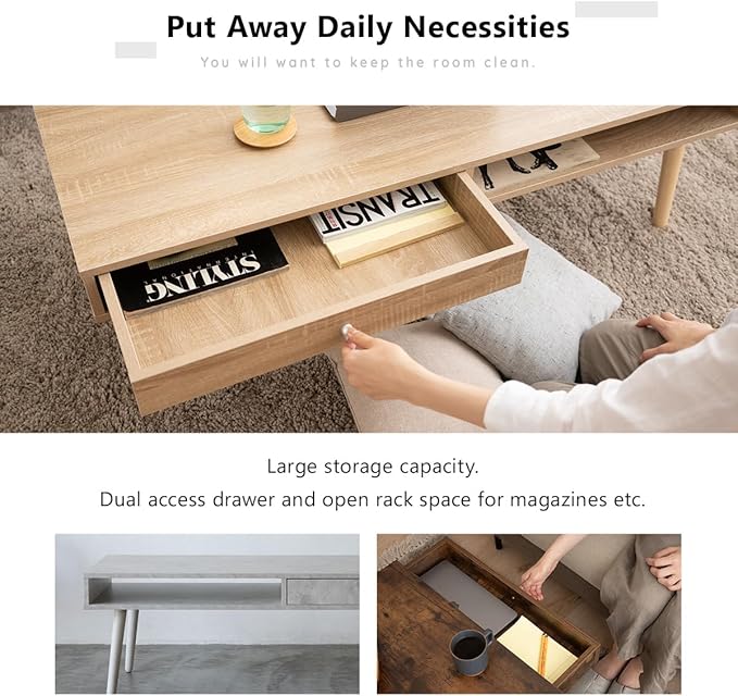 EMOOR Wooden Small Coffee Table with Storage Rectangle Large (47.2"x19.7") Rustic Brown, Floor Sitting Low Table Small Space Minimalist Japanese Tatami Room
