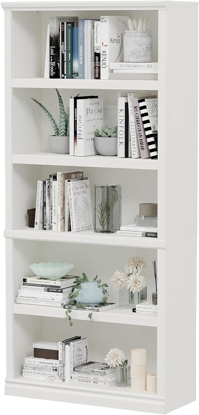 70-Inch Tall White Bookcase, 5 Tiers Shelves Open Storage Bookshelf, 33 in Wide Anti Tipping Indoor Furniture, Book Cases for Home Library Office Bedroom School