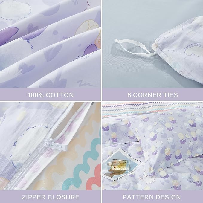 SAPHREAS Cute Rabbit Printed Duvet Cover Set Full Lovely Bunny Duvet Cover 3pcs Yellow Tulip Purple Dandelion Botanical Bedding Comforter Cover Set 100% Cotton 1 Duvet Cover 80"x90" 2 Pillow Shams