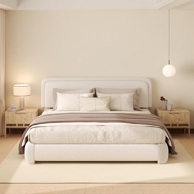 King Boucle Platform Bed Frame with Height Adjustable Headboard, Modern Upholstered Cloud Bed, Sleek Curved Design, No Box Spring Needed, Easy Assembly, Noise Free, White