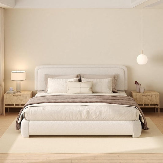 King Boucle Platform Bed Frame with Height Adjustable Headboard, Modern Upholstered Cloud Bed, Sleek Curved Design, No Box Spring Needed, Easy Assembly, Noise Free, White