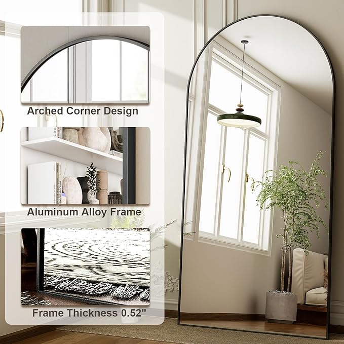 HARRITPURE 76"x34" Arched Full Length Mirror Free Standing Hanging Mounted Mirror Aluminum Frame Modern Simple Home Decor for Living Room Bedroom Cloakroom, Black