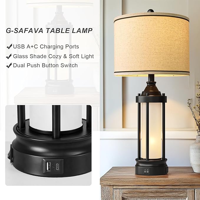25'' Table Lamps for Bedroom Living Room Lamps Set of 2 Farmhouse Nightstand Bedside Lamps with USB Ports, Built-In Frosted Glass Night Light Industrial Metal Night Stand Lamp, Bulbs Included, Black