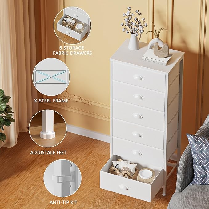 Furnulem White Tall Dresser for Bedroom,Vertical Storage Tower Unit and End Table with 6 Fabric Drawers, Nightstand Furniture with Drawer Organizer in Living Room,Closet,Entryway,Hallyway