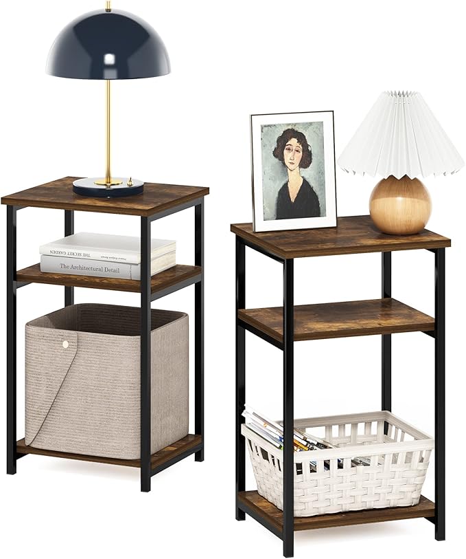 Furinno Just 3-Tier Metal Frame End Table with Storage Shelves, 2-Pack, Amber Pine