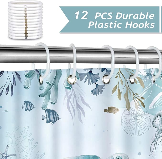 Bonhause Sea Turtle Shower Curtain for Bathroom Teal Blue Ocean Beach Coastal Decorative Bath Curtain 72 x 84 Inch Polyester Fabric Waterproof Bathroom Curtain with 12 Hooks