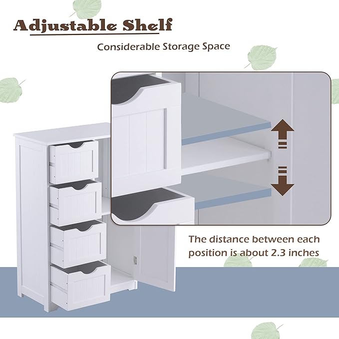 GLACER Bathroom Floor Cabinet, Multifunctional Storage Cabinet with 4 Drawers and 1 Door, Wooden Side Storage Organizer for Bathroom, Living Room or Kitchen, 22 x 12 x 32 inches (White)