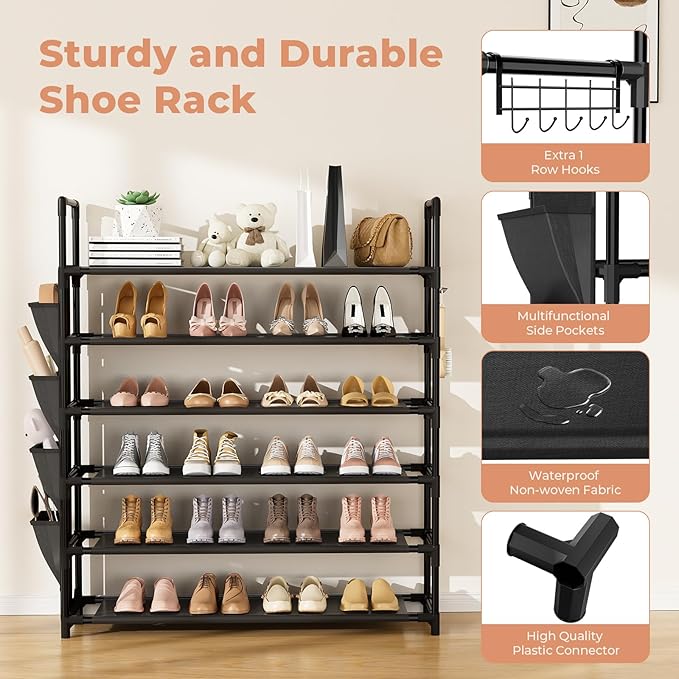 6 Tier Shoe Rack, Shoe Organizer Storage for 24-30 Pairs Shoe and Boot, Long Shoe Shelf with Hook and Side Pocket Free Standing Tall Shoe Rack Organizer for Closet, Entryway, Dorm