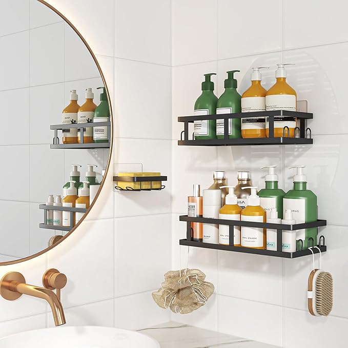 Shower Caddy Adhesive,No Drill Bathroom Organizer with Soap Holder,Large Capacity Rustproof Shelves for Inside Shower,Bathroom Organizers and Storage,Black