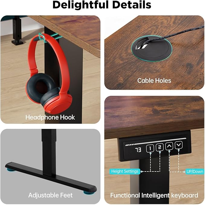 PayLessHere 55 Inch Electric Standing Desk Computer Desk with Large Space and Headphone Holder Office Desk with Electric Lifting and 2 Memory Function for Office Meeting Room,Brown
