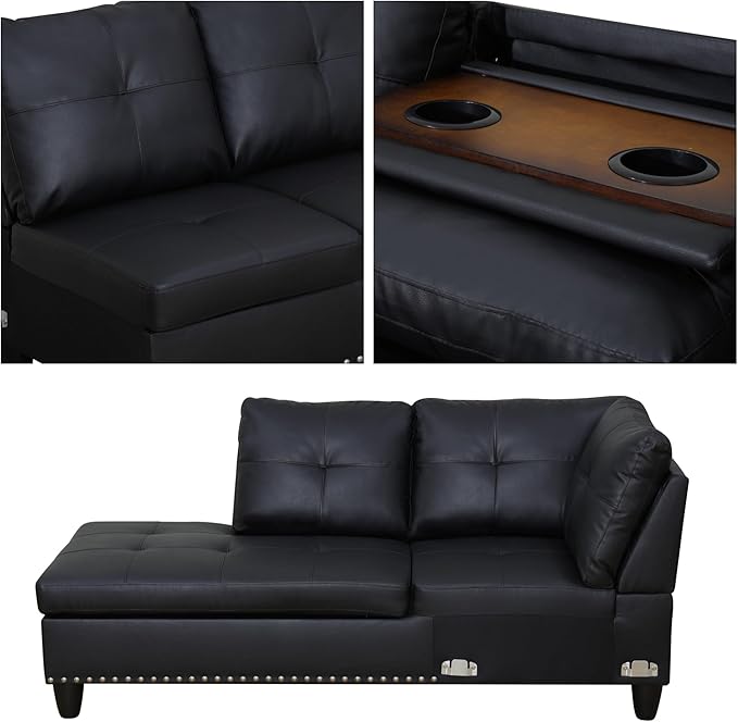 Leather 3-Piece L-Shaped Couches for Living Room, Sectional Sofa with Storage Ottoman & Movable Chaise, Modular Convertible Couch for Bedroom & Apartment, Deep Black