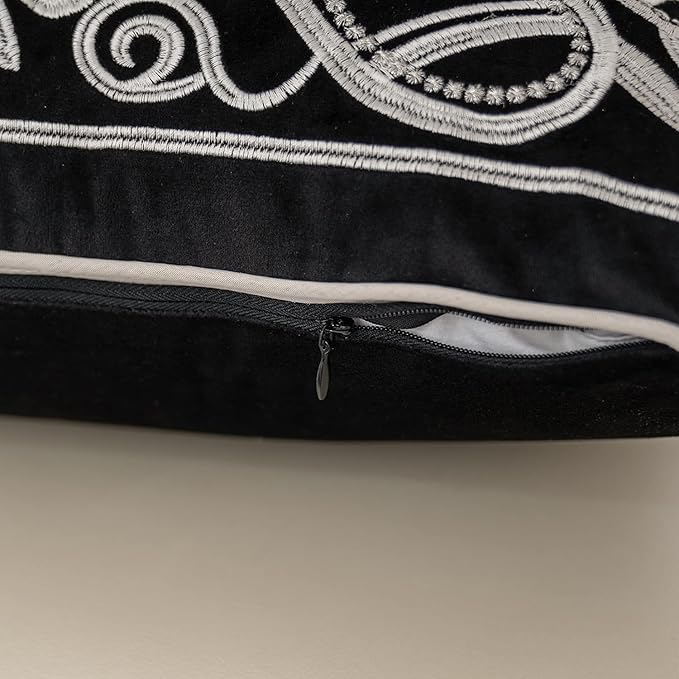 Aeckself European Floral Pillow Cover 16x16 Inch, Luxury Velvet Embroidered Decorative Throw Pillow Cover for Couch Bedroom Living Room, Black and White