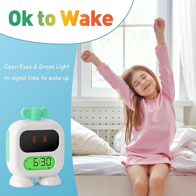 Kids Alarm Clock Ok to Wake with Green Light Red Light, Nap Timer, Robot Toddler Sleep Training Clock for Children (Blue)