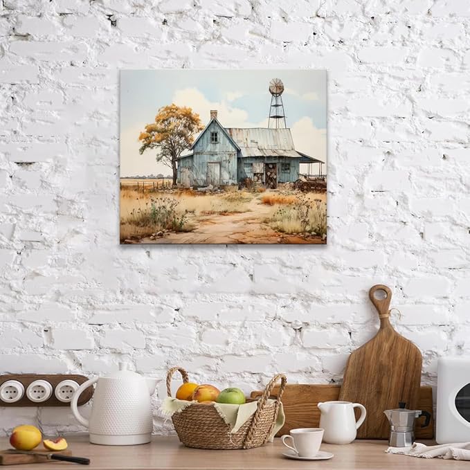 CYULWNNO Farmhouse Canvas Wall Art Old Barn Prints Posters Country Landscape Painting Pictures Country Road Wall Decor Framed for Dining Room Bathroom Living Room Bedroom