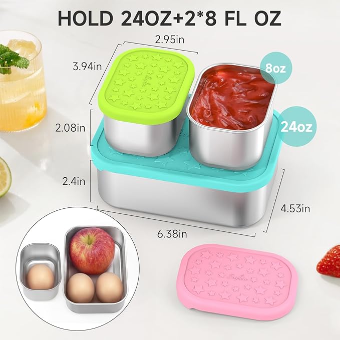 SOPHICO Stainless Steel 24 OZ Snack Containers for Kids，Food Storage Container with Silicone Lid - Perfect 304 Metal Toddler Lunch Box for Daycare and School, Leak Proof(Mint)