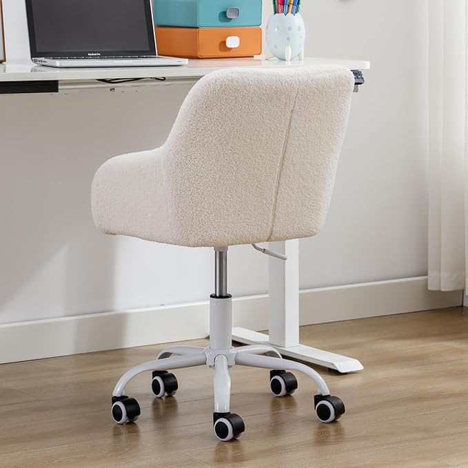DUOMAY Kids Desk Chair, Faux Fur Upholstered Computer Chair for Boys and Girls, Cute Study Swivel Height Adjustable Arm Chair for Child, White