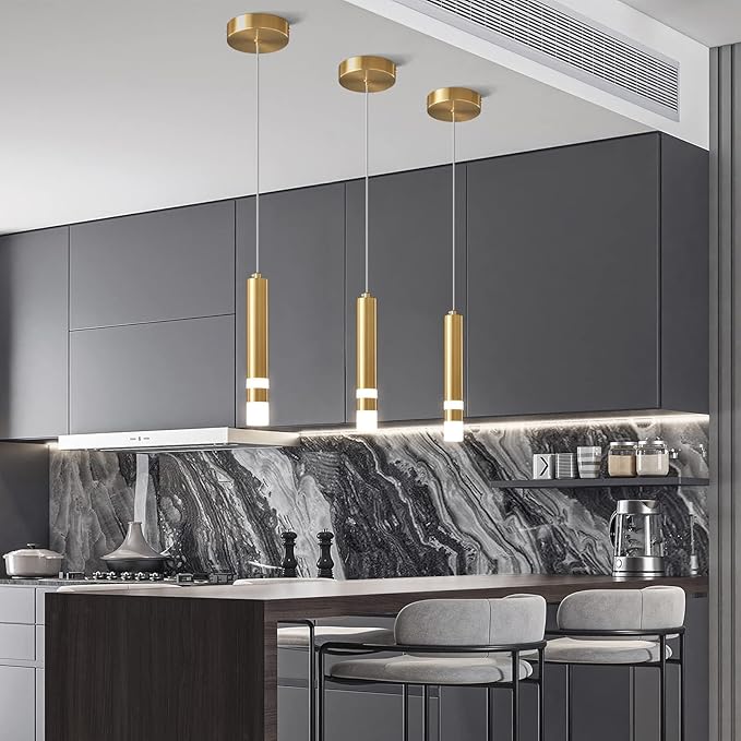 Modern Pendant Light Kitchen Fixture Dimmable LED Gold Mini Pendant Lighting fo Kitchen Island Bedroom Bedside Table Small Pendant Lights (3-Pack)