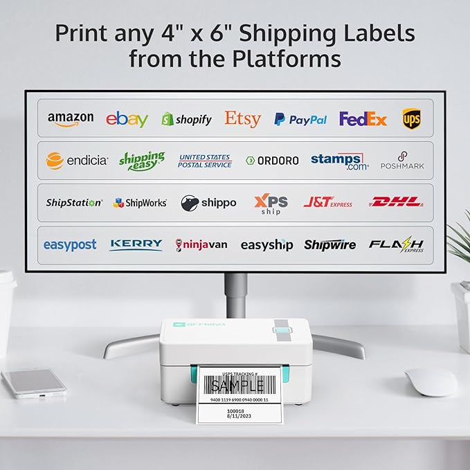 OFFNOVA Shipping Label Printer, Bluetooth Thermal Label Printer 4x6 for Small Business and Shipping Packages, Supports Windows Mac iOS Android, Works with USPS Ebay Shopify Etsy