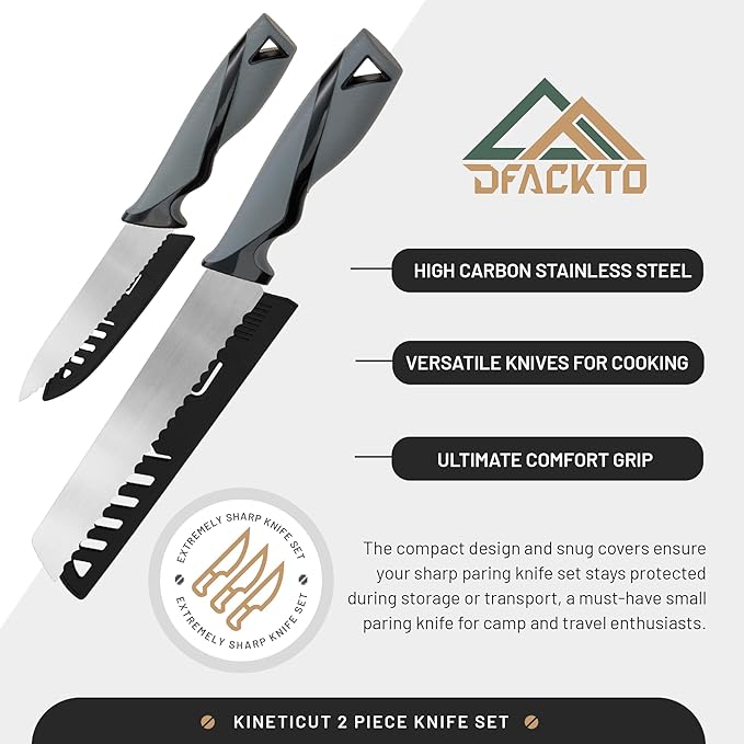 2-Piece Serrated Knife Set – Stainless Steel Kitchen Cooking Knives w/Protective Covers, Dishwasher Safe, No Block, Sharp Cutlery for Slicing Bread, Cooking Fruit & Steak w/Sheath - Gray