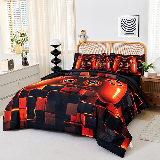 PERFEMET 6-Piece Gamer Comforter Black Orange Video Game Boys Bedding Set for Kids Teens Bedroom 3D Cool Soft Fluffy Gaming Bed in A Bag Set with Sheets(Orange, Queen)