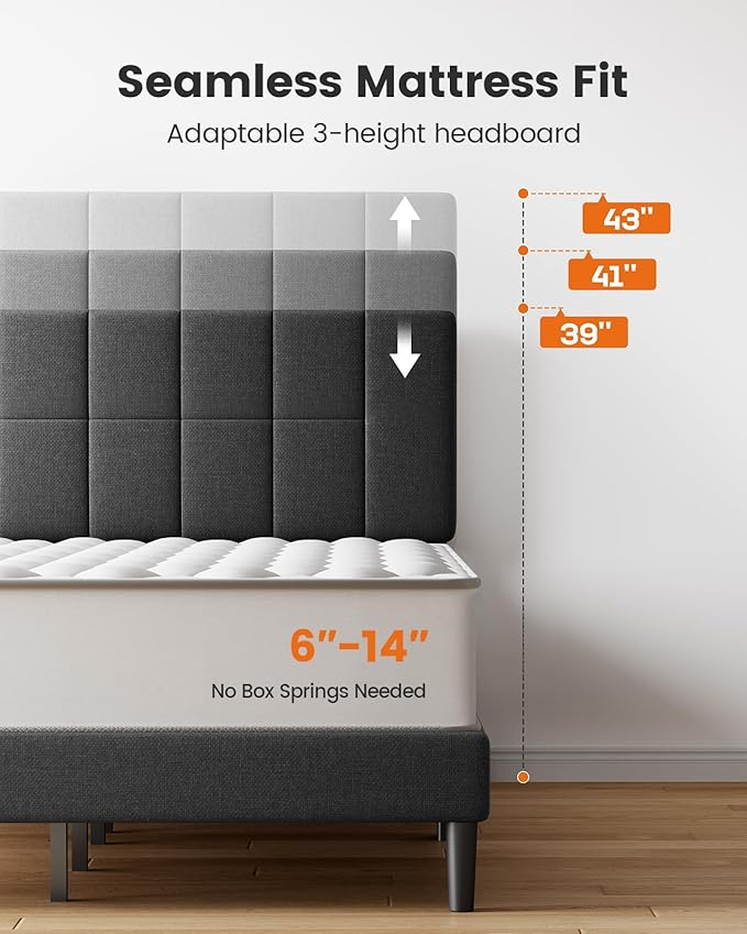 Pipishell Queen Size Bed Frame Upholstered Platform Full Size Bed Frame with Adjustable Headboard,1300 lbs Strong Weight Capacity, Fully Upholstered Mattress Foundation,No Box Spring Needed, Dark Grey