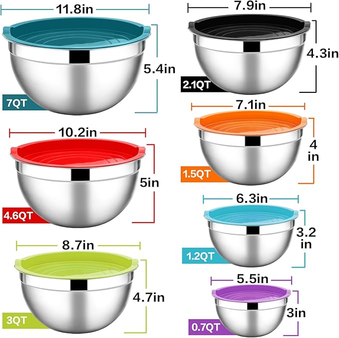 E-far Stainless Steel Mixing Bowls with Lids, 7-Piece Metal Nesting Bowls with Colorful Airtight Lids for Saving Storage Space, Size 7, 4.6, 3, 2, 1.5, 1, 0.7QT, Great for Baking/Cooking/Prepping