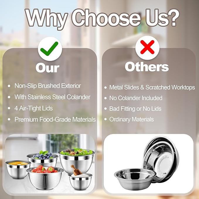 Stainles Steel Mixing Bowls with Lids Set, Stackable Metal Mixing Bowl with Strainer, 5-Piece - Beige