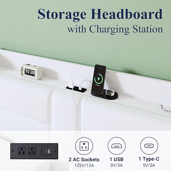 Allewie Queen Size Platform Bed Frame with Charging Station & Storage Headboard, Upholstered Velvet Wingback Design & USB Port, Strong Wooden Slats Support, No Box Spring Needed, Easy Assembly, White