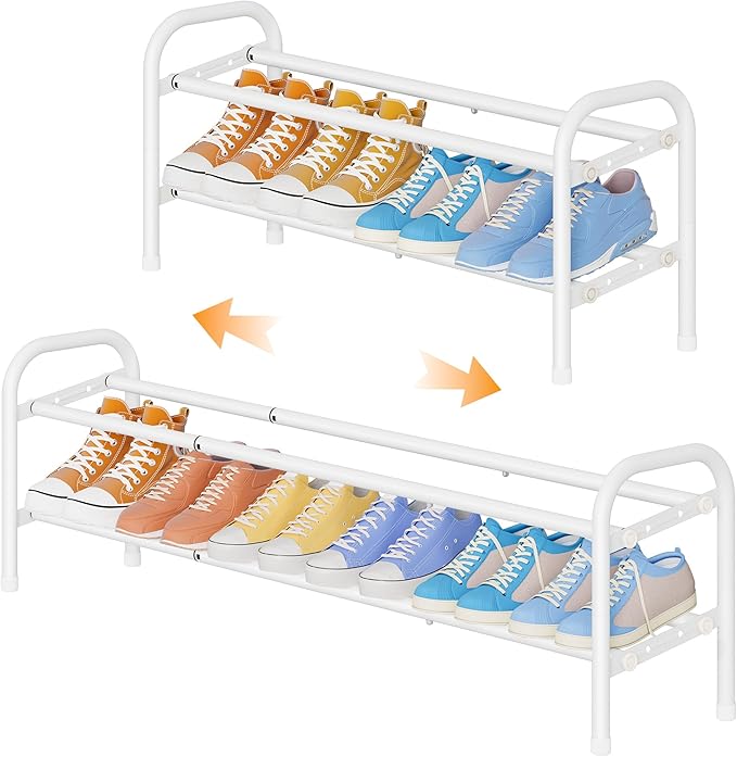 Shoe Rack 2 Tier,41.53'' Adjustable Metal Shoe Organizer for Closet, Bedroom, Entryway,Holds Up to 12 Pairs Shoes,Expandable,White
