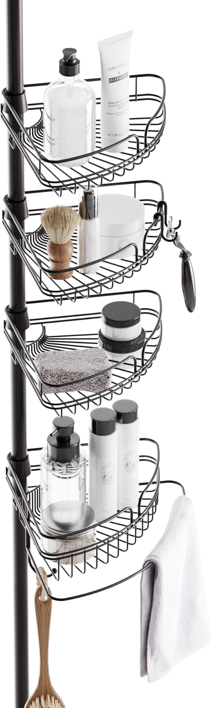 Zenna Home Tension Pole Shower Caddy Corner Organizer, Adjustable Standing Shower Caddy with 4 Baskets and Built in Towel Bar, Rust Resistant Bathroom Tension Rod Organizer, 60 to 97 Inch, Bronze