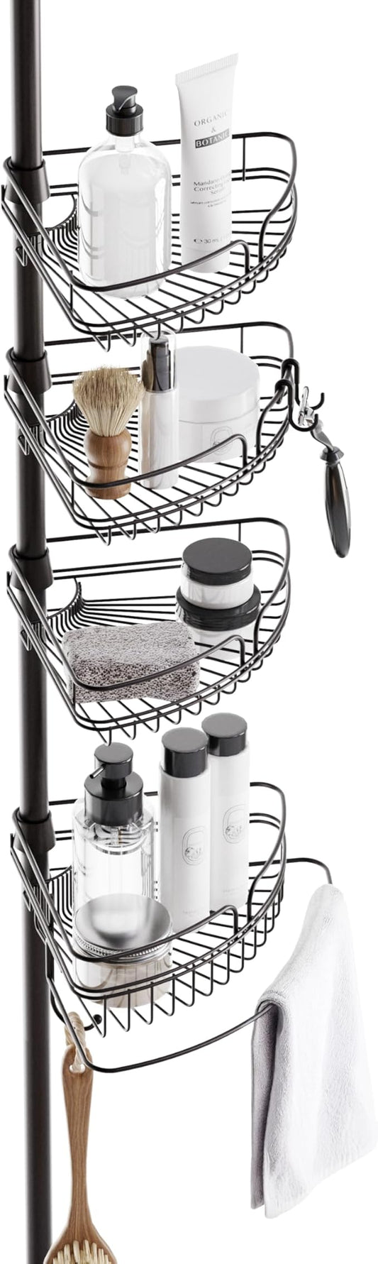 Zenna Home Tension Pole Shower Caddy Corner Organizer, Adjustable Standing Shower Caddy with 4 Baskets and Built in Towel Bar, Rust Resistant Bathroom Tension Rod Organizer, 60 to 97 Inch, Bronze