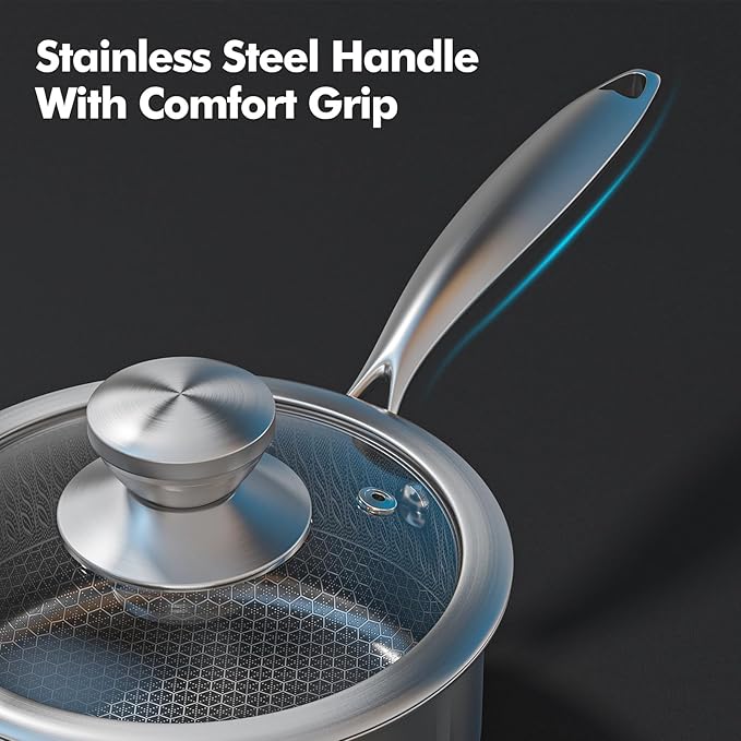 AuFranc® Hybrid Nonstick Stainless Steel Pots and Pans Set, Induction Cookware Set with Tempered Glass Lids, Non-stick Pot and Pan Set Suitable for All Cooktops, Non-Toxic, Dishwasher & Oven Safe