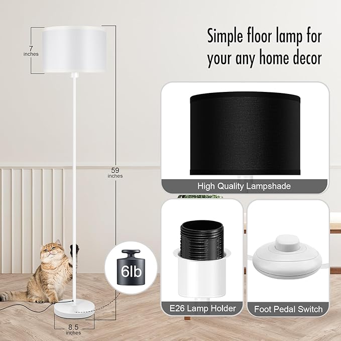 Floor Lamp White, Standing Lamp, 58" Tall Floor Lamp with Black Lampshade, Foot Pedal Switch, Modern Bright Floor Lamps for Living Room/Bedroom/Classroom/Kids Room, White Lamp for Girls' Gift(NO Bulb)