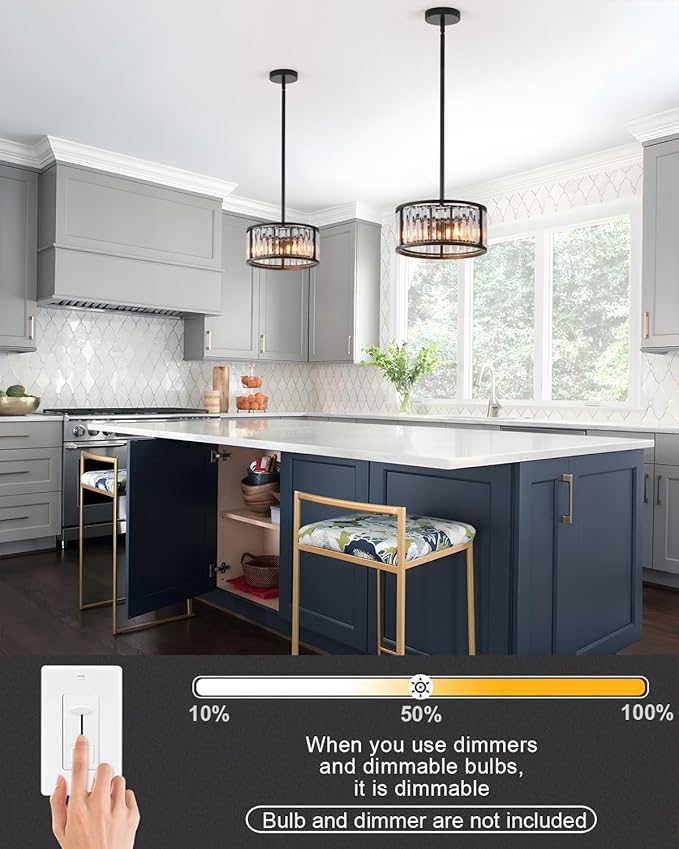 Black Flush Mount Ceiling Light, 2- Light Caged Crystal Chandelier, Small Drum Hallway Light fixtures Ceiling Mount (11 INCH Black Pendant Light(2-Light))