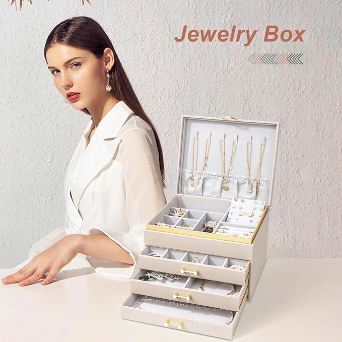 Jewelry Box Organizer for Women Girls, 4-Layer Large Jewelry boxes with 3 Drawers Jewelry Storage Case for Earrings Bracelets Necklaces