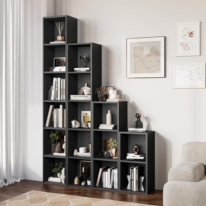 oneinmil 71.5" Tall Narrow Bookshelf, 6-Tier Cube Display Rack, Modern Corner Bookshelf with Storage Space, CD Storage Cabinet for Home Office (Black 1 Pack, 6-Tier)