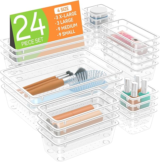 WOWBOX 24 PCS Clear Plastic Drawer Organizer Set, 4 Sizes Desk Drawer Organization and Storage Containers for Makeup, Cosmetics, Jewelry and Gadgets in Kitchen, Bathroom, Bedroom, Office, Clear