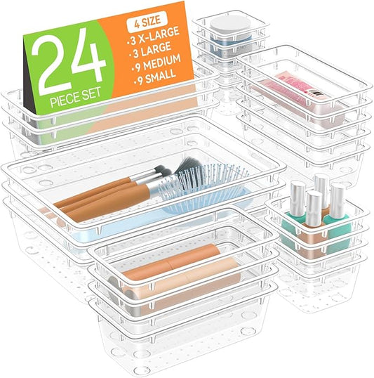 WOWBOX 24 PCS Clear Plastic Drawer Organizer Set, 4 Sizes Desk Drawer Organization and Storage Containers for Makeup, Cosmetics, Jewelry and Gadgets in Kitchen, Bathroom, Bedroom, Office, Clear
