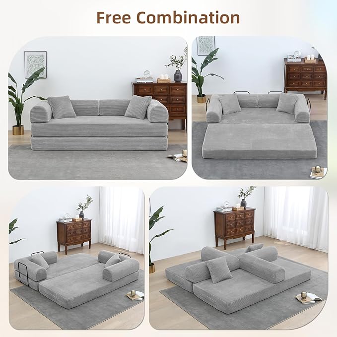 Rovibek 4-in-1 Convertible Sleeper Sofa Bed Queen Size, Foldable Floor Couch Corduroy, Folding Futon Sofa Beds with Pillow and Fixed-Shape Frame, Suitable for Living Room, Bedroom, Lounge, Light Grey