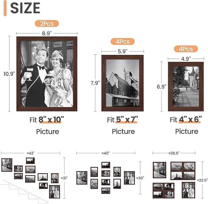 upsimples 10 Pack Picture Frames Collage Wall Decor for Mounting or Tabletop Display, Photo Gallery Frame Set for Family, Multi Sizes Including 8x10, 5x7, 4x6, Brown