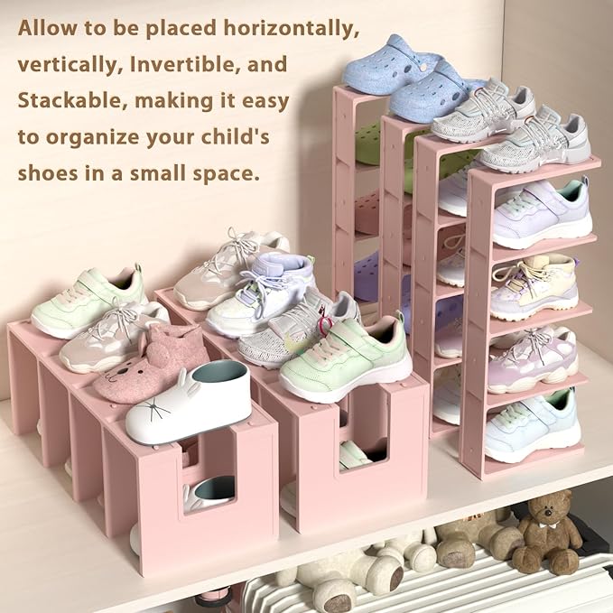 Kids Shoe Rack - 4 Pack Shoe Organizer for Toddlers & Children, Space-Saving Nursery Shoe Storage Shelf, Small Baby Shoes Display Rack for Closet/Entryway, for Desk File Book Organizer(Pink)