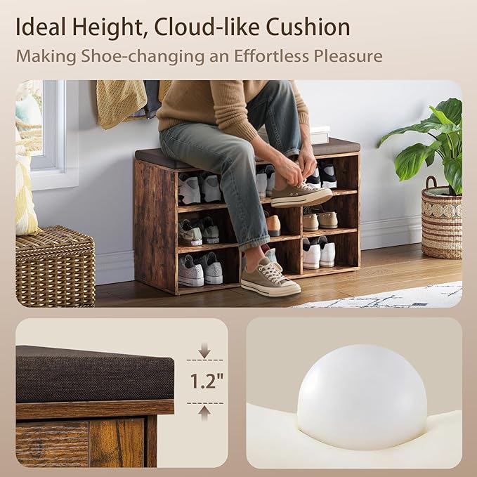 DINZI LVJ Shoe Storage Bench with Cushion, Cubby Rack with 9 Cubbies, Adjustable Shelves, Multifunctional Organizer Bench for Entryway, Mudroom, Hallway, Closet and Garage, Rustic Brown