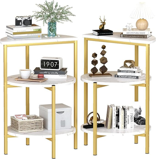 AWQM Marble Side End Table Set, 3-Tier Sofa Side Table, Small Round Coffee, Table Bedside Table of 2, Corner Table w/Metal Frame for Living Room Bedroom, White+Gold