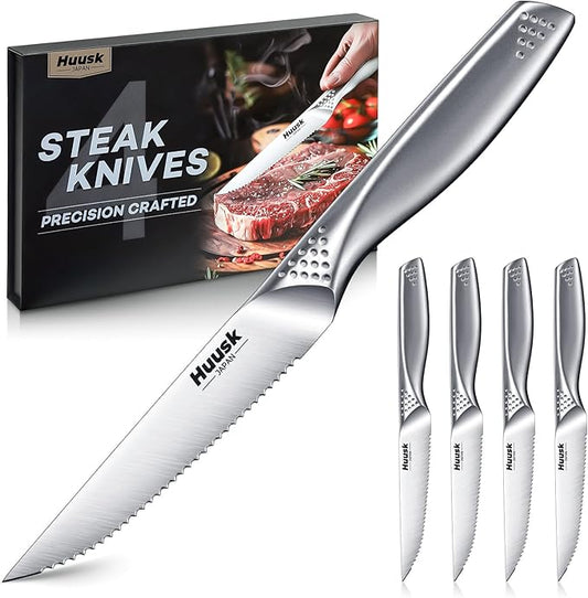 Huusk Serrated Steak Knives Set, 4.5" Japanese Stainless Steel Steak Knives Set of 4, Sharp Dishwasher Safe Dinner Knife for Kitchen Table with Gift Box