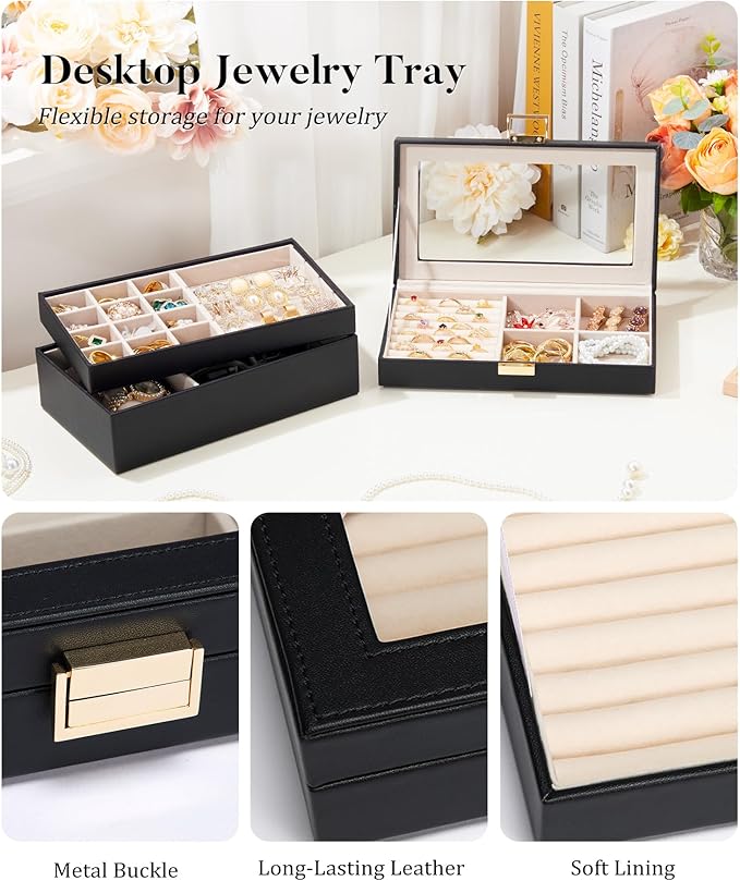 Homde Jewelry Tray Stackable Jewelry Box with Glass Lid, Removable Dividers for Vanity Table Gift Idea for Girls and Women (Black)
