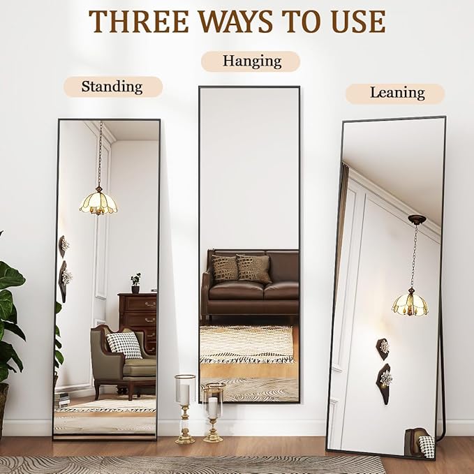 Koonmi 21"x56" Floor Mirror Full Length, Bedroom Floor Body Mirror with Stand, Large Black Mirror, Leaning, Standing or Hanging Horizontally/Vertically