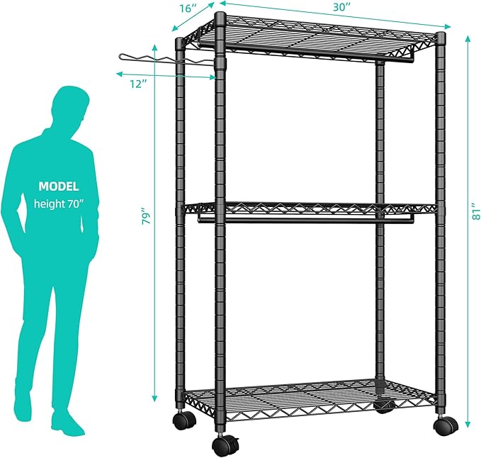 PUNION Rolling Clothes Rack Portable Closet Wardrobe with Wheels and Side Hooks, 2 Hanging Rod, Adjustable Freestanding Heavy Duty Clothing Racks Storage Drying Rack, Black, GR1Plus
