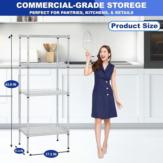 PayLessHere Metal Shelving Storage Shelves Garage Shelving 4-Tier Adjustable Shelf 600 lbs Total Bearing Capacity Multi-Functional Durable Easy Assembly, Chrome