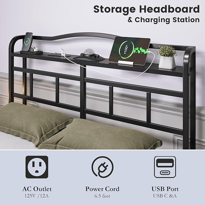 Full Bed Frame - Storage Headboard with Charging Station & Galaxy Aurora Projector, 14 Inch Sturdy Metal Platform Bed Frame No Box Spring Needed, Easy Assembly, No Noise, Black